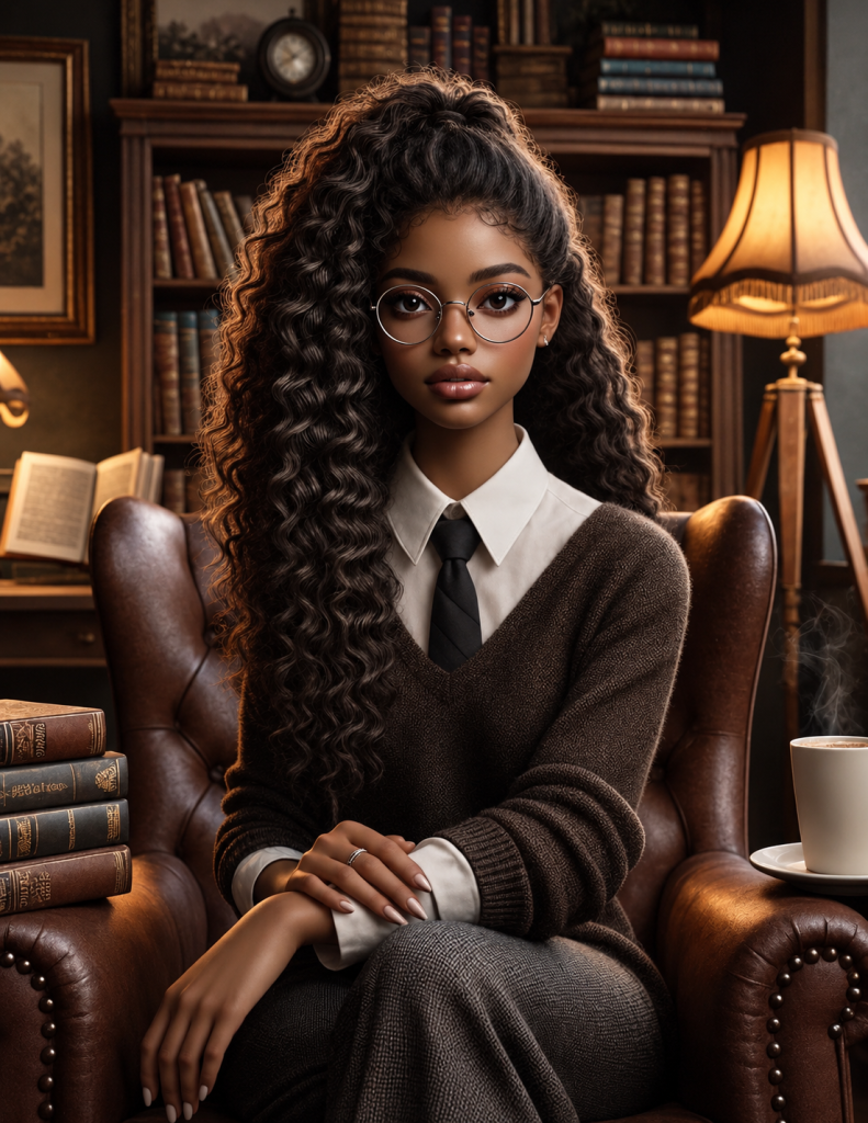 Xora in glasses, a sweater and tie, in a leather armchair in a cozy home library. Founder of Xora's reading